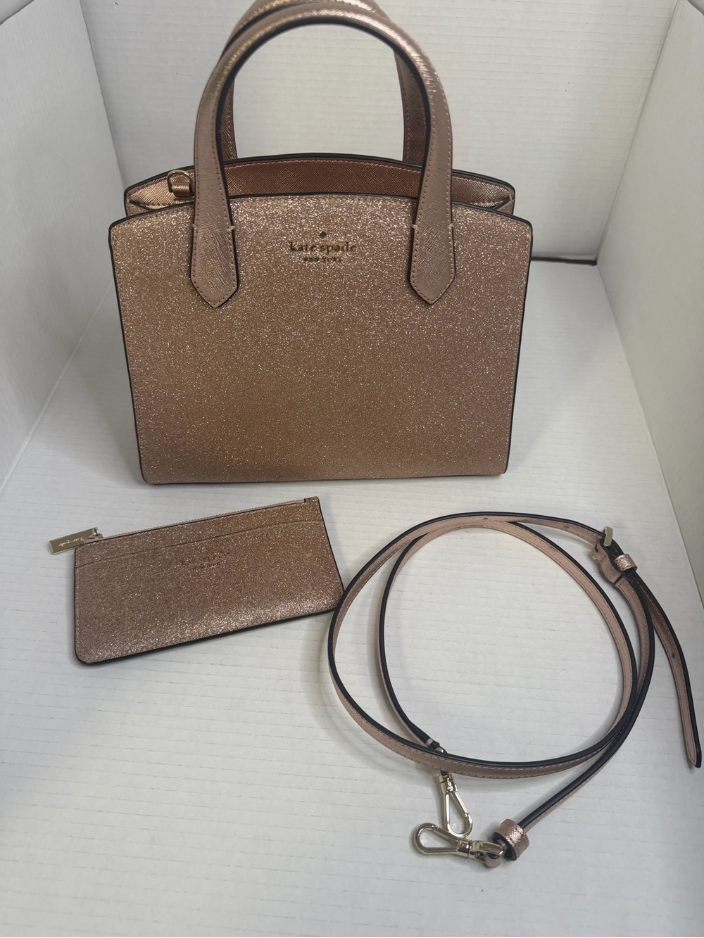 Kate Spade Rose Gold Glitter Tinsel Purse Crossbody Handbag & Card Wallet